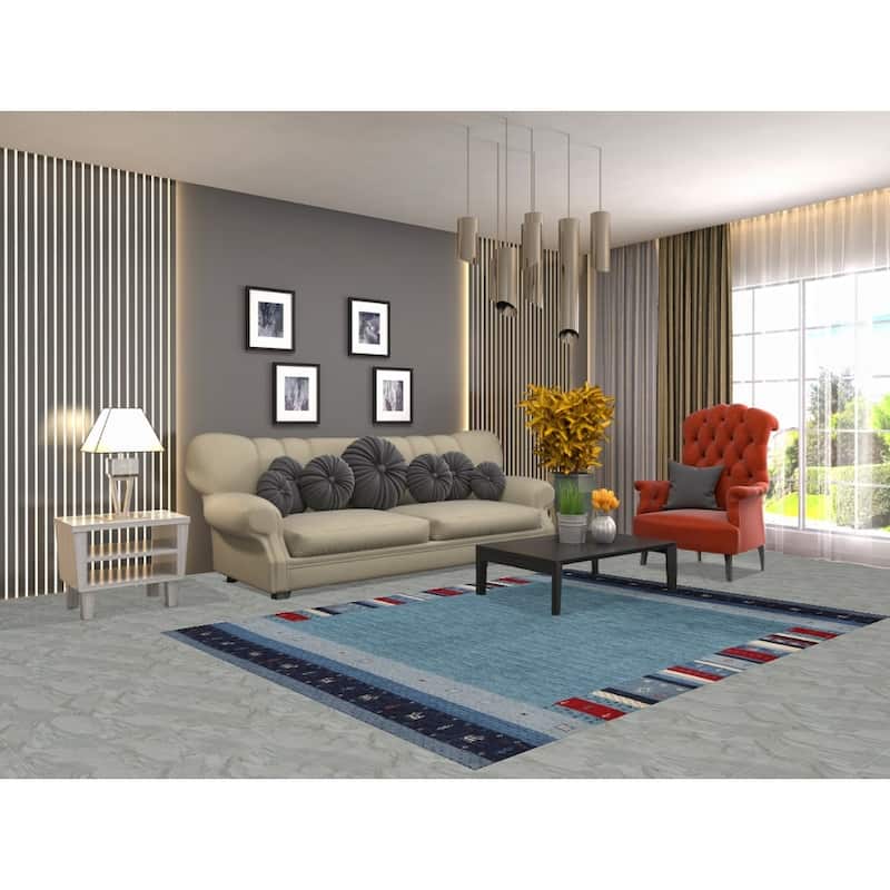 Blue Gabbeh Indian Area Rug Hand-Knotted Wool Carpet - 5'6" x 7'7"