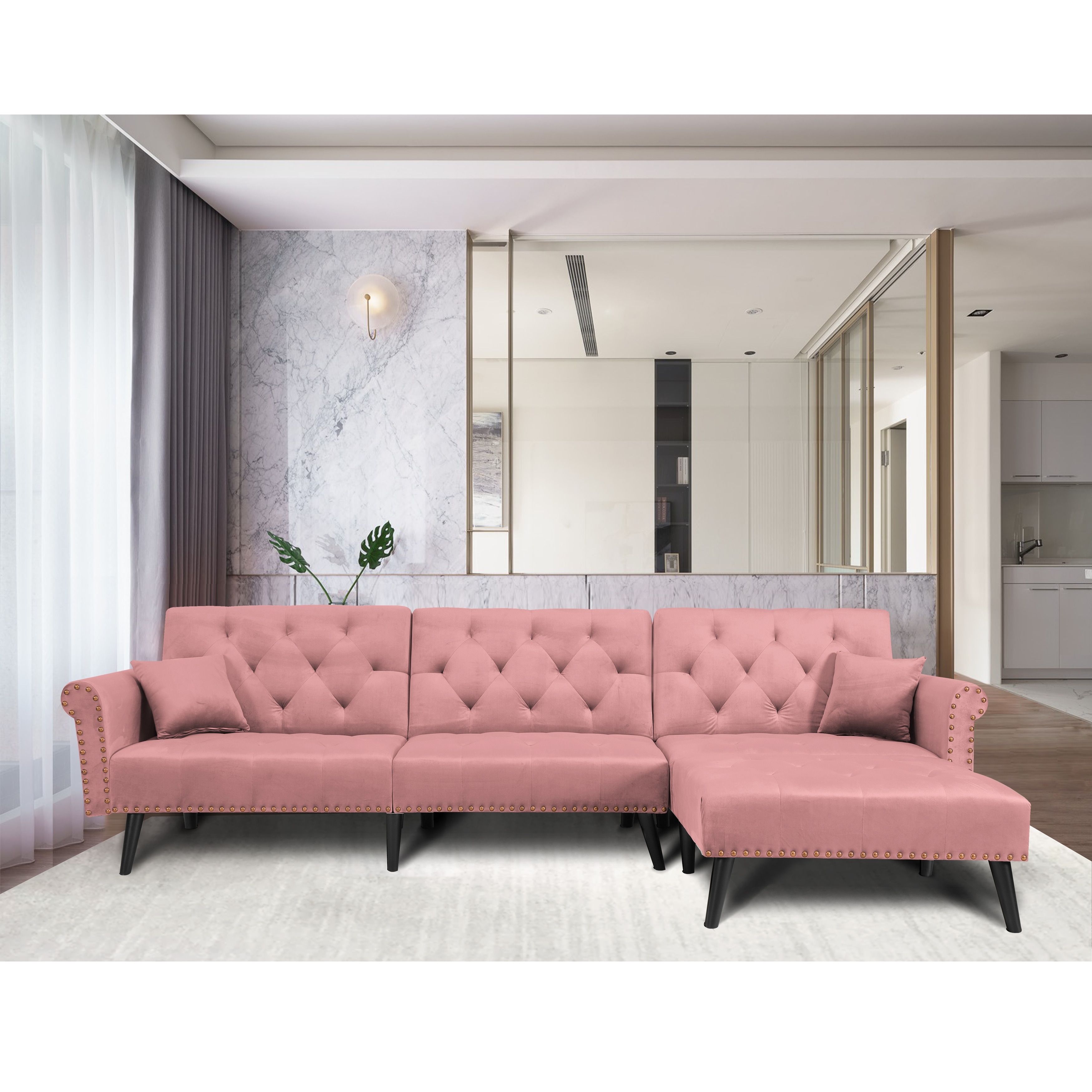TiramisuBest Reversible Velvet Sectional Sofa Sleeper Decor with Metal Nails, Pink