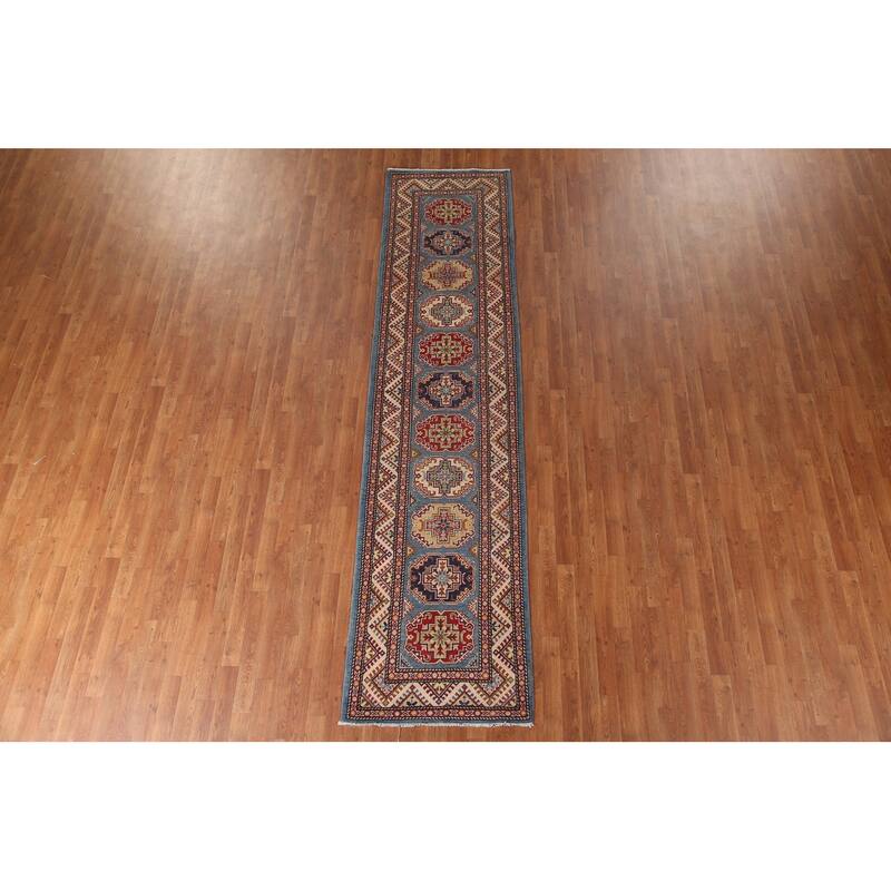 Blue Geometric Kazak Runner Rug Hand-Knotted Wool Carpet - 2'9" x 11'3"