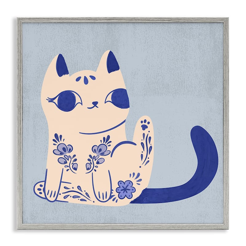 Stupell Ornate Floral Cat Framed Giclee Art Design By Carrie Cantwell - 17 x 17 - Grey