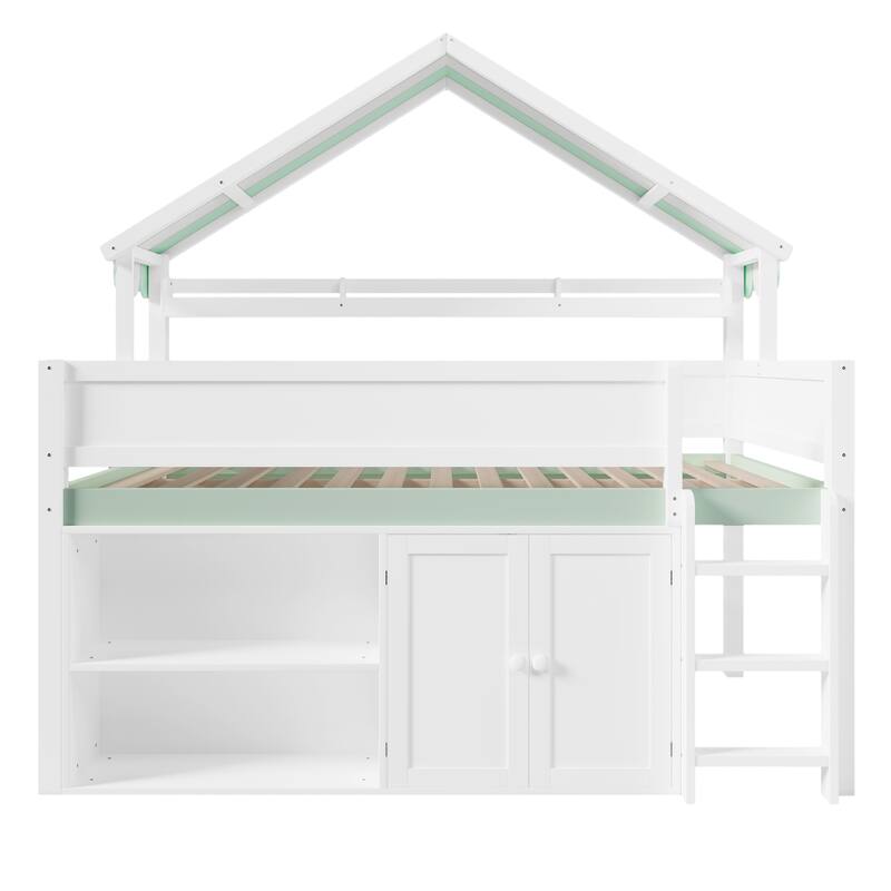 Full Size Loft Bed with Storage Cabinet and House-shaped Canopy Roof Built-in Storage Shelves