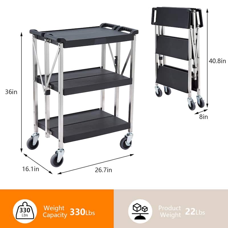 3-Tier Folding Utility Service Cart with Lockable Wheels