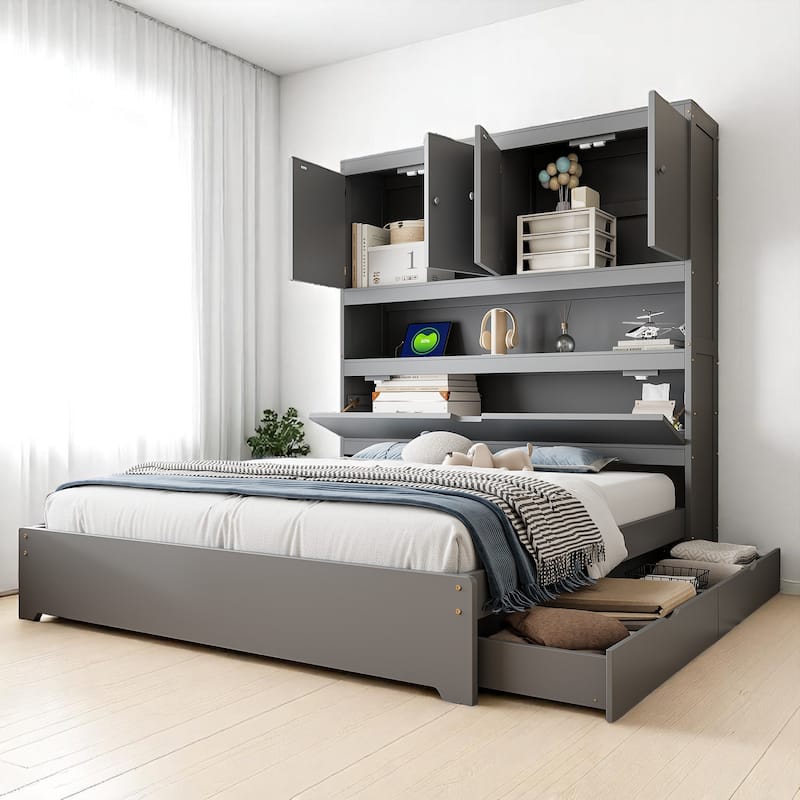 Full Size Platform Bed with Flip-Up Headboard Storage, USB Outlets, and Drawers