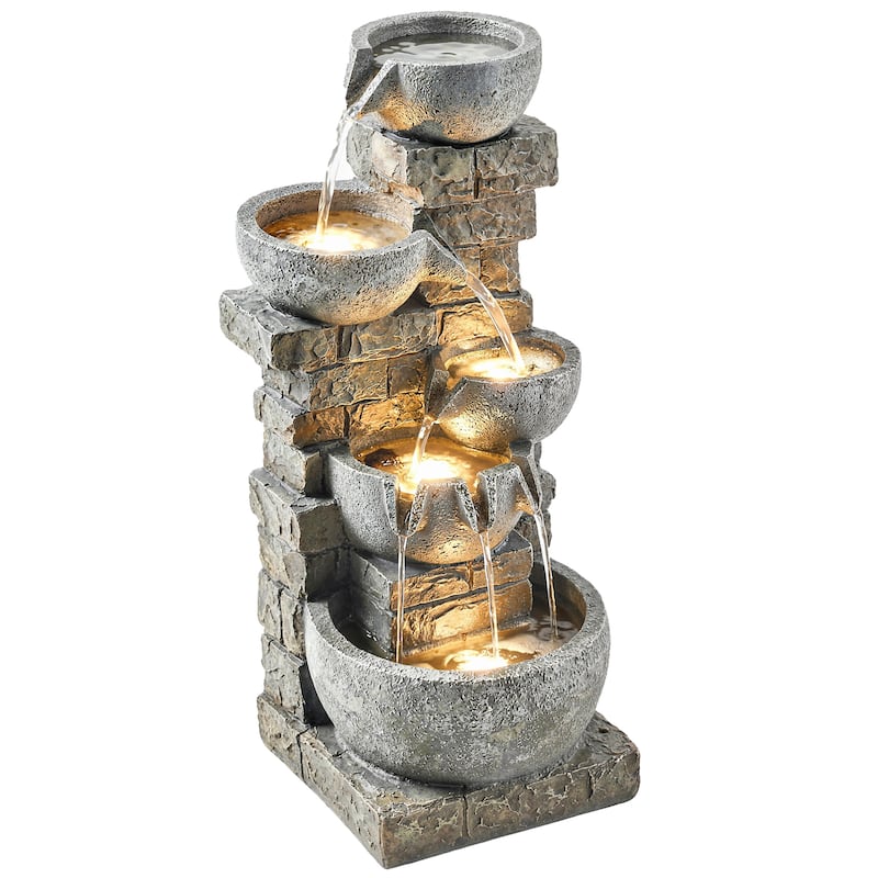 Outsunny Outdoor Water Fountain with Warm LED Lights, 31.5" Tall 5 Tiers Outdoor Cascading Water Feature