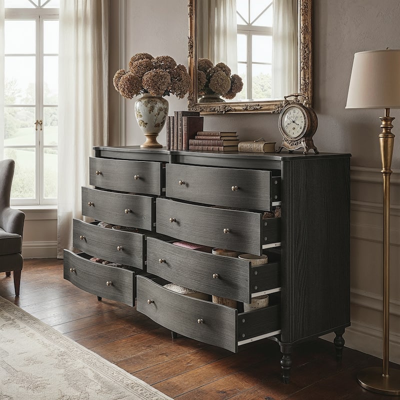 Elegant 8-Drawer Dresser with Solid Wood Legs, Vintage Curved Front Chest of Drawers for Bedroom Storage