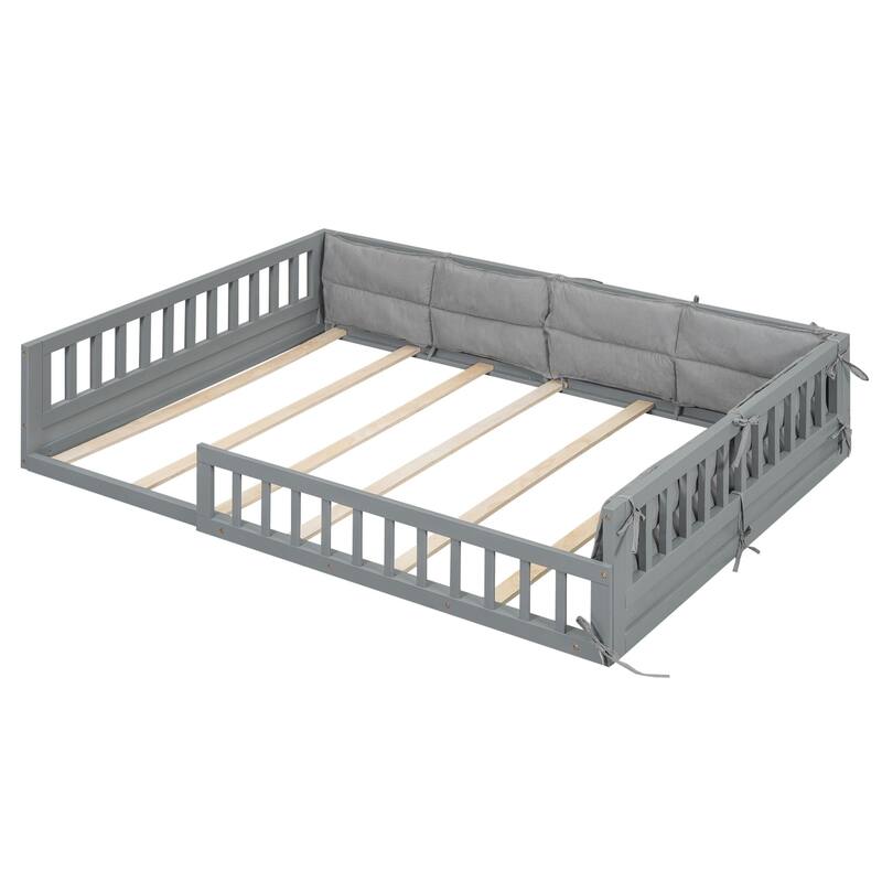 Wooden Upholstered Platform Bed with Guardrails and Pillows