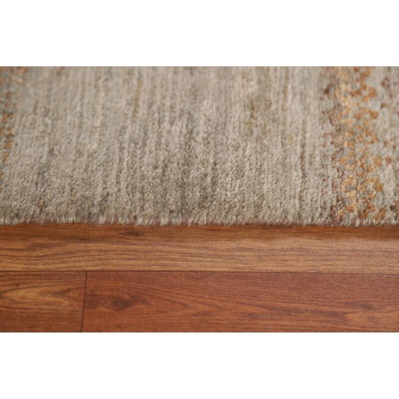 Hand Knotted Oriental 100% Wool Carpet Modern Stripe Greys & Charcoal Modern Runner Rug - 13' 3'' X 2' 7''