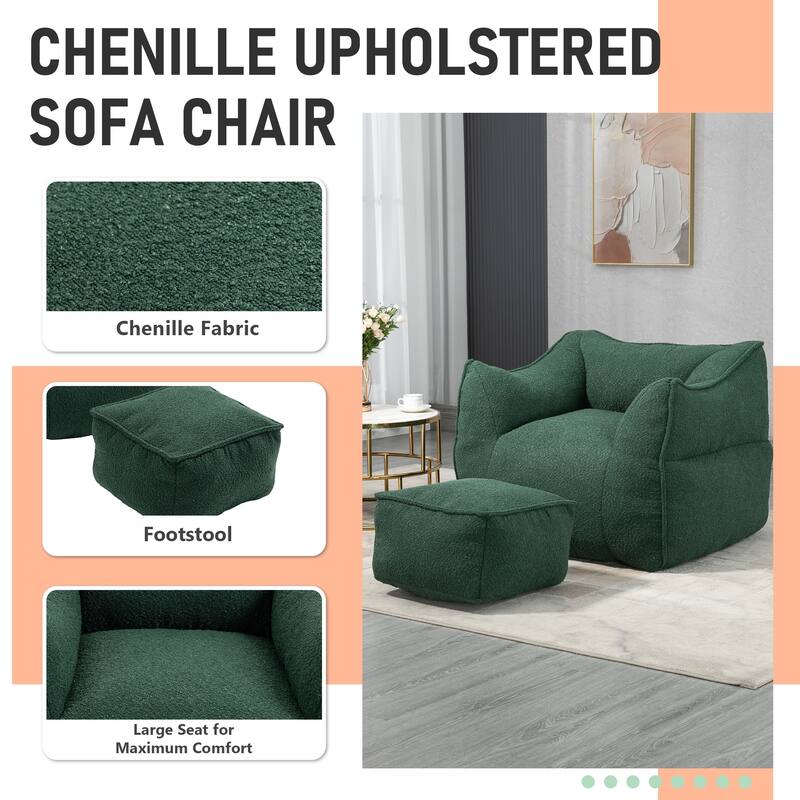 Boucle Upholstered Deep Seat Armless Square Bean Bag Chair with Ottoman