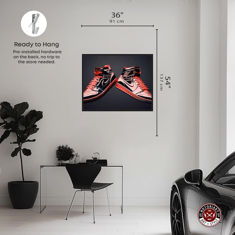 Notoriart Red Sneakers On Display Framed Sneaker 1 Piece Canvas Wall Art