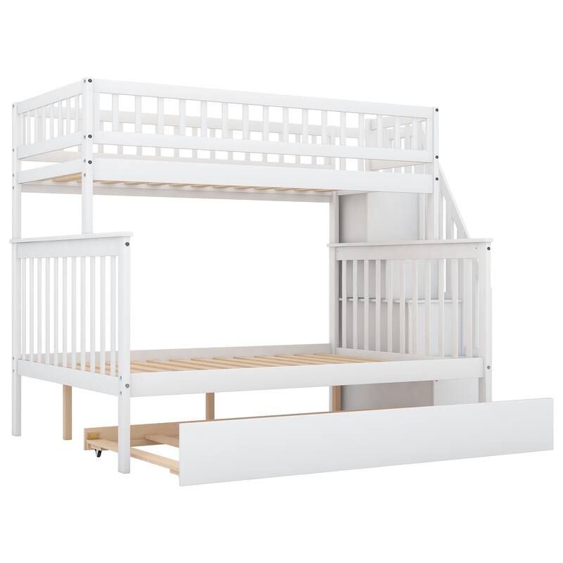 Twin Over Full Bunk Bed with Trundle & Storage Staircase, Solid Wood