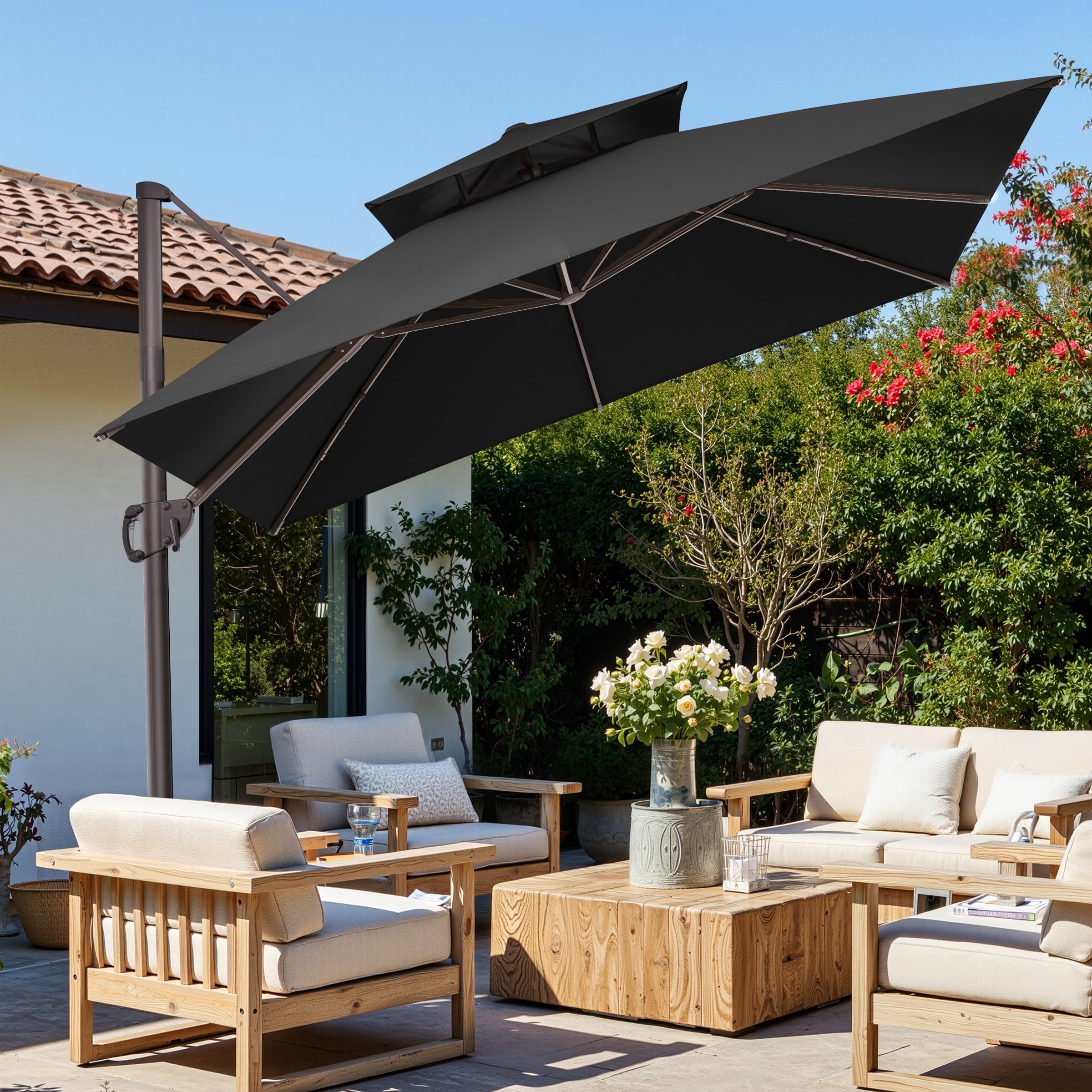 large hanging patio umbrella 14ft Double Sided Outdoor Market Extra Umbrella with Crank, Cross Base for Deck, Lawn, Backyard and Pool, Brown : Patio, Lawn & Garden Everyday Carry Garden Reflections 9' Half-Round Mounting Clip Color:Red and sliding structure have