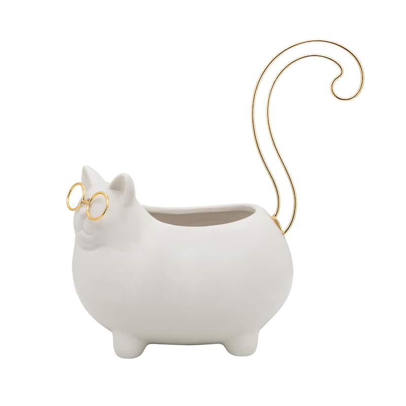 8" Kitty Trinket Tray Contemporary Ceramic White and Gold Cat Jewelry Holder Cute Cat Storage for Make-Up, Jewelry,