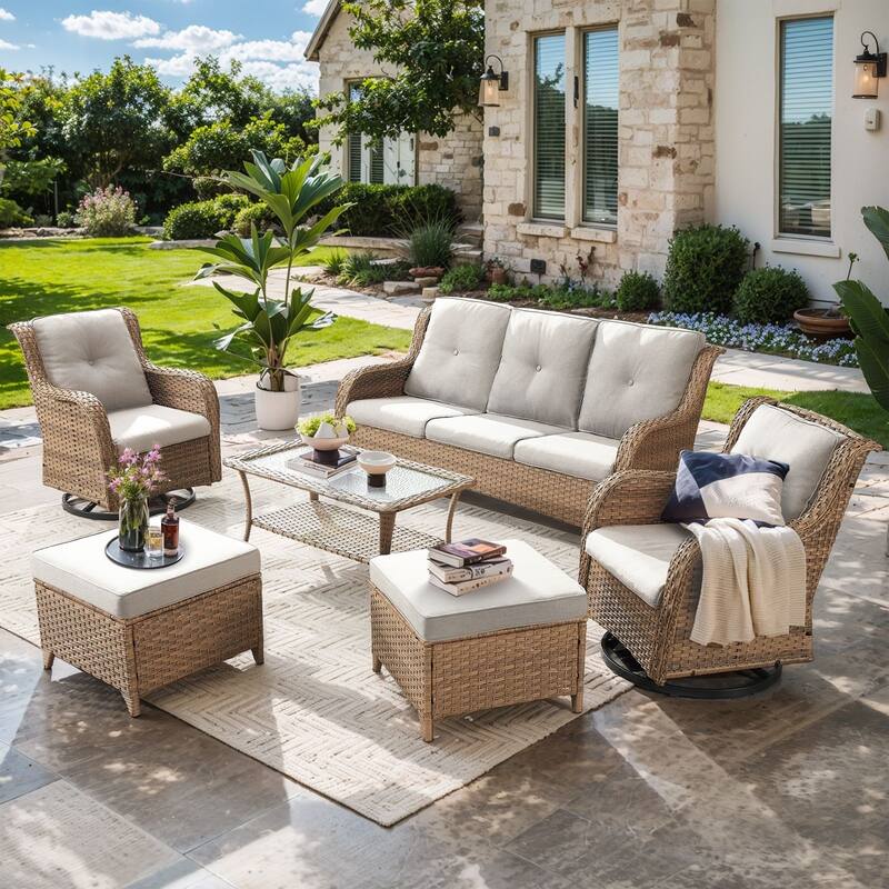 Pocassy Outdoor 4 Inch Sofa Swivel Chairs Table Ottoman - Yellow Wicker Beige Cushion - 6 Pieces 3-Seat Sofa Swivel Chair Table Ottoman