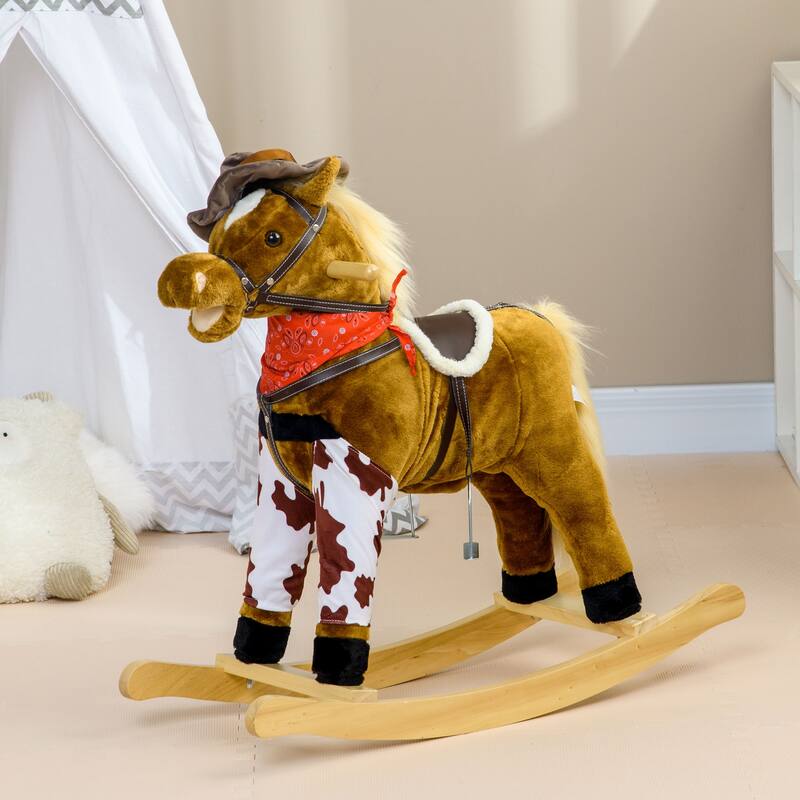 Kids Plush Rocking Horse with Authentic Neigh Sounds, Saddle, and Stirrup for 3-8 Years Old - Comfortable Velvet Fabric