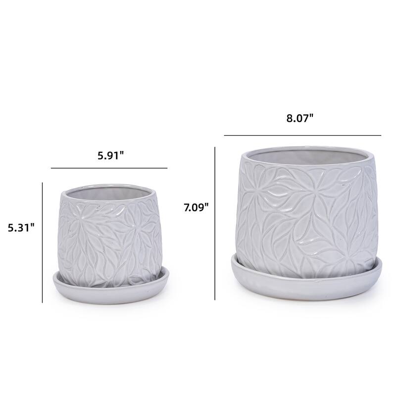 Set of 2 Handmade Modern Embossed Leaf Ceramic Planters with Saucers