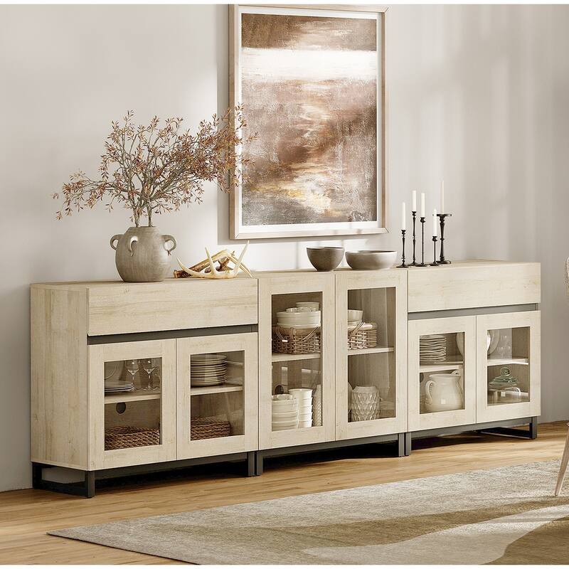 WAMPAT 3 in 1 Modern Sideboard with Adjustable Shelves and 2 Drawers, Coffee Bar Cabinet for Living Room, Kitchen - 94.5 inches - Beige