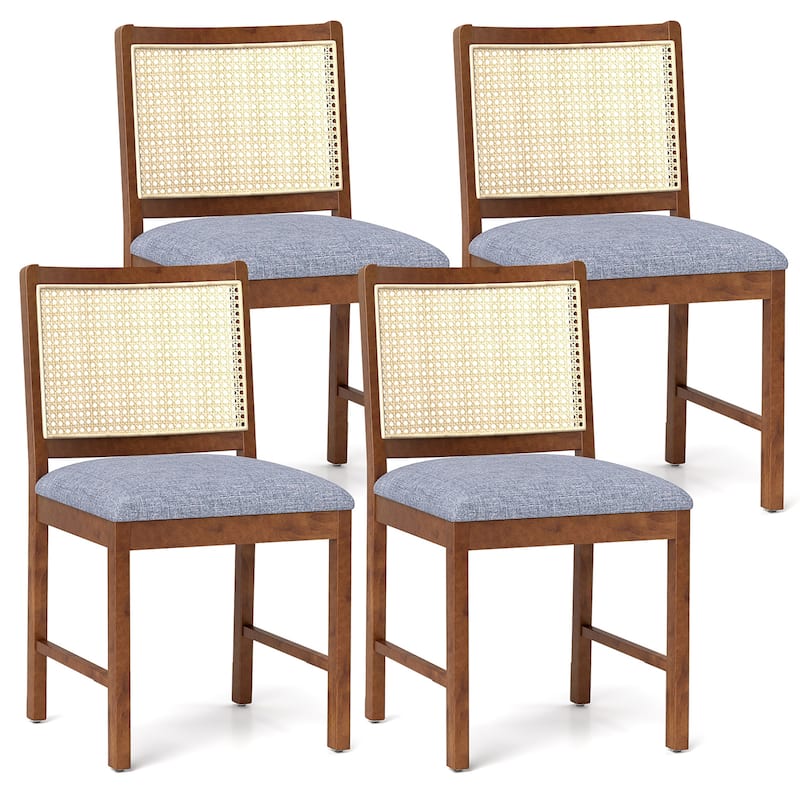 Gymax Rattan Dining Chair Set of 4 w/ Rubber Wood Frame Linen Fabric - Brown - Set of 4