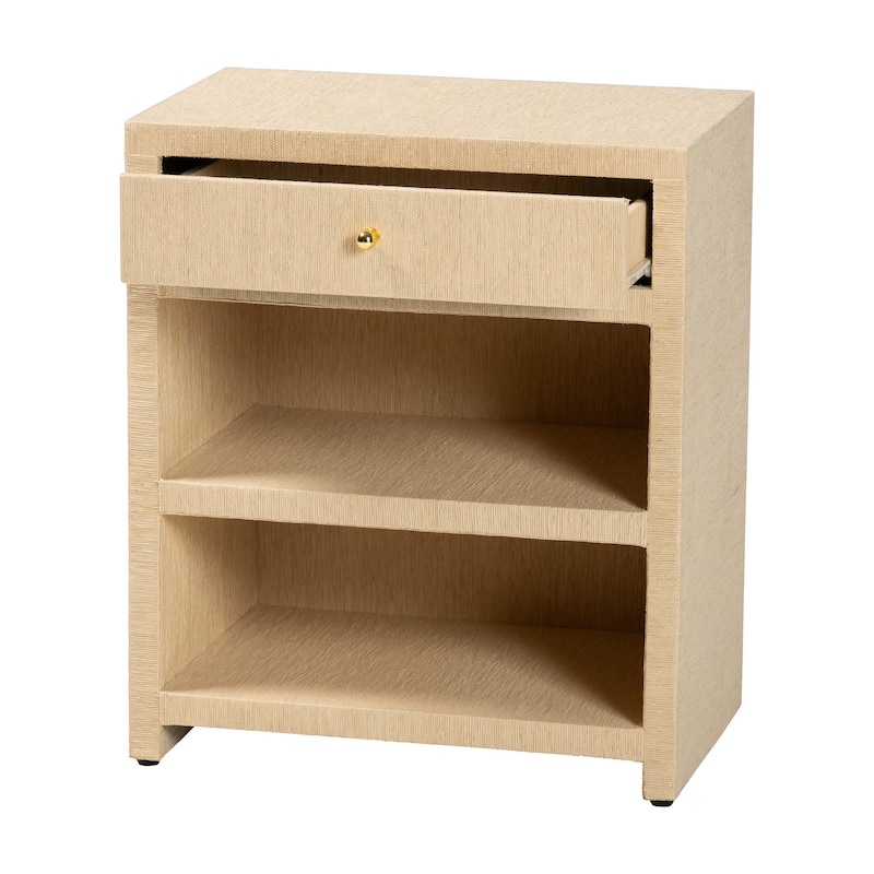 William Grasscloth 1-Drawer Nightstand with Open Shelves - Woven Texture Bedside Table with Gold Knob, Modern Coastal Accent