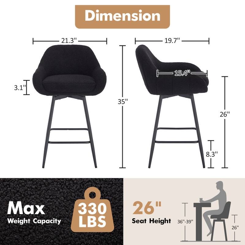 26" Counter Height Swivel Bar Stools, Upholstered Sherpa Barstools with Back for Kitchen Island