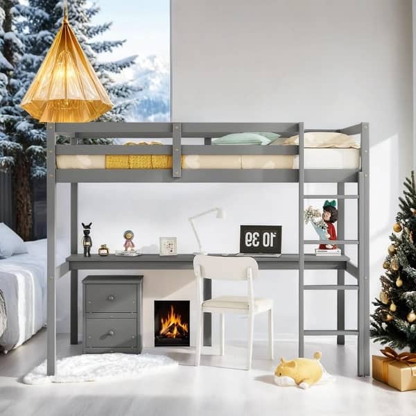 slide 2 of 24, Twin Loft Wood Bed with Under-bed, Built-in Desk, Grey