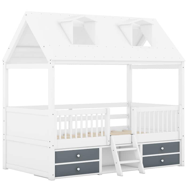 Twin Size Wood Bed House with Fence and Roof for Kids, Boys and Girls, Bedroom