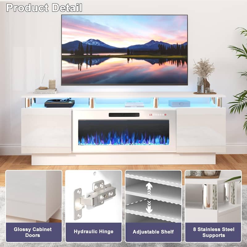BOSSIN 70" Modern Electric Fireplace TV Stand, with Electronic Flame and LED Lights, High Gloss Finish Entertainment Center
