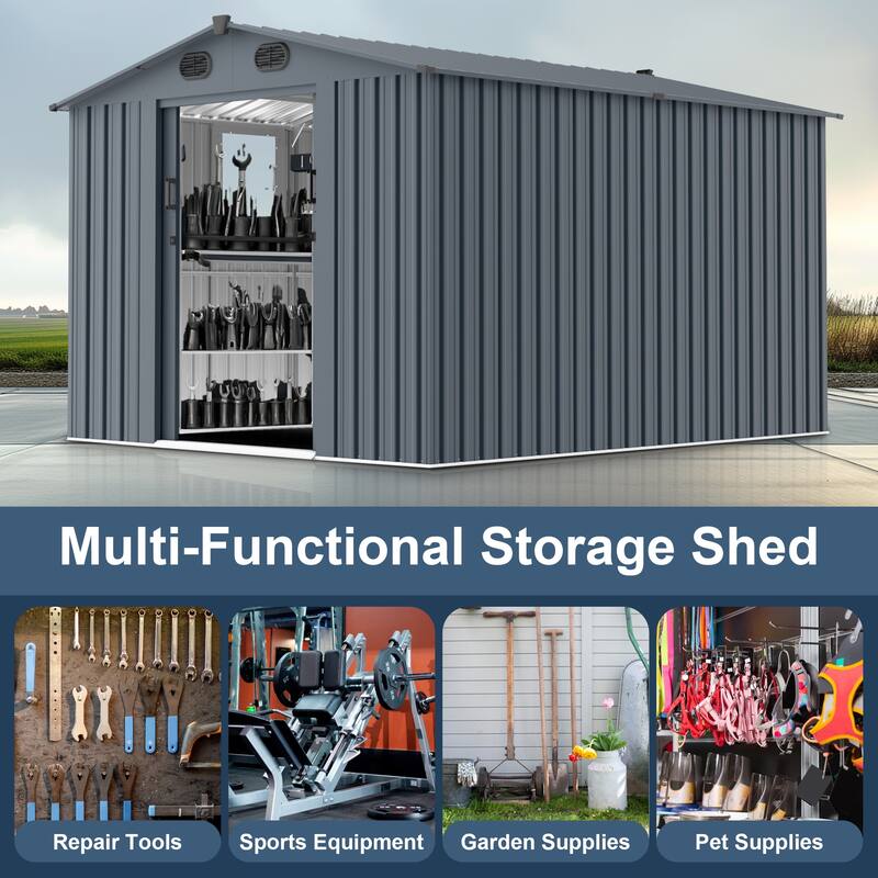 8x10 FT Outdoor Storage Shed, Large Metal Tool Sheds with Window and Lockable Doors, Garden Shed for Backyard Garden Patio Lawn