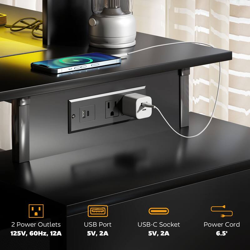 RGB LED Lighted Gaming Desk with USB Charging Ports and Monitor Stand Storage Shelves