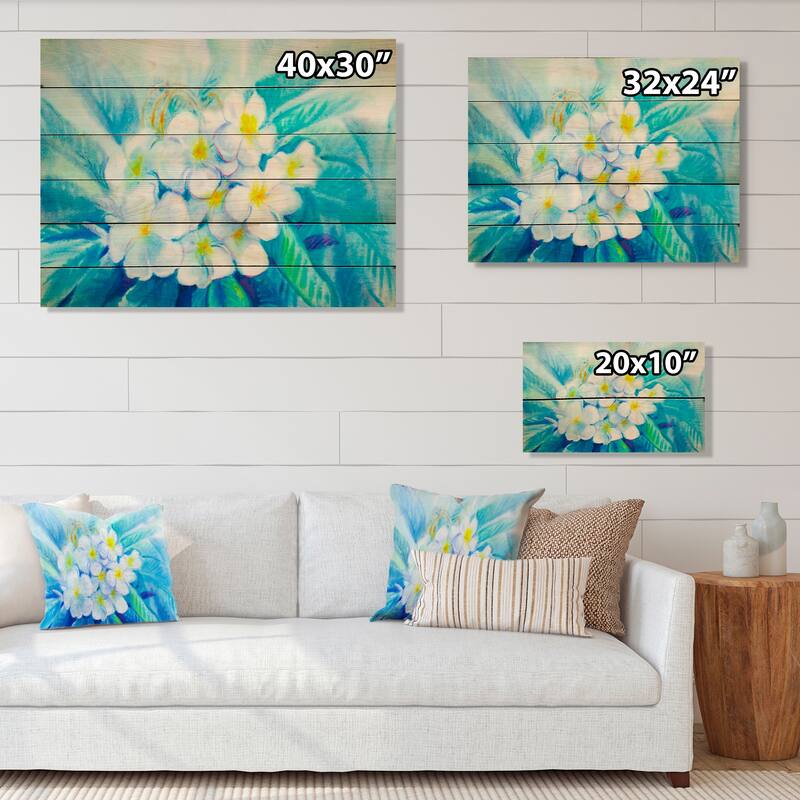 Designart 'White And Blue Pastel Flowers' Traditional Wood Wall Art Décor - Natural Pine Wood