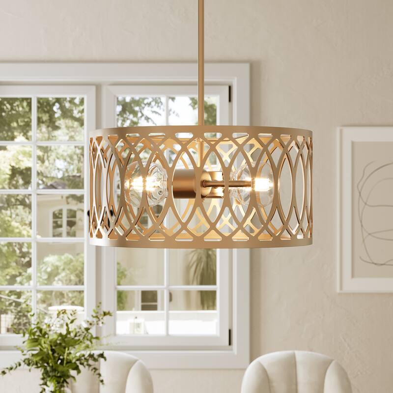13" 2-Light Dimmable Modern Drum Chandelier with Adjustable Height - Champagne Gold