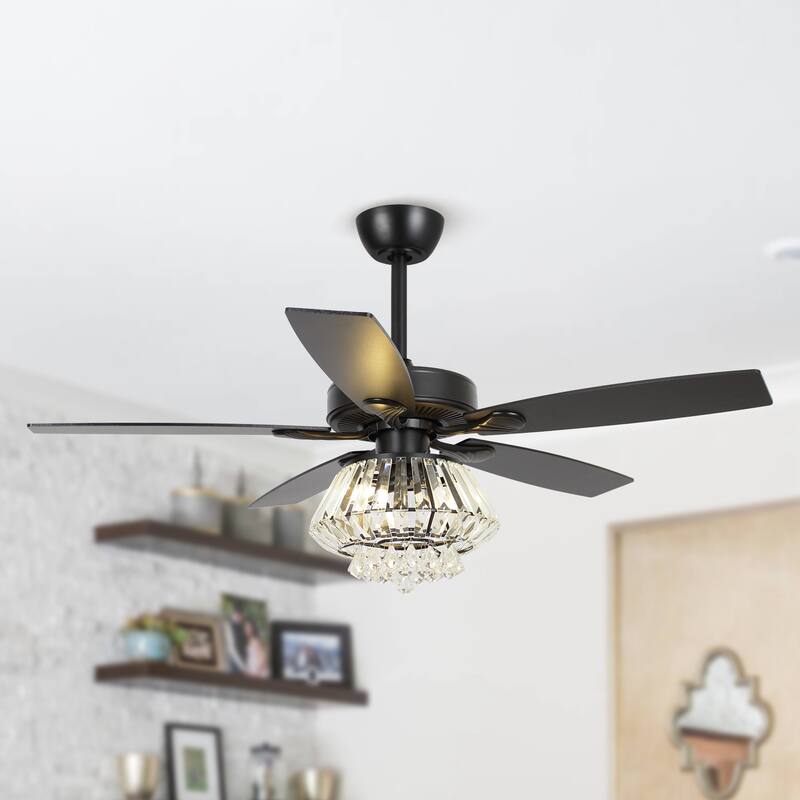 52" Matte Black Wood 5-Blade Crystal Ceiling Fan with Remote