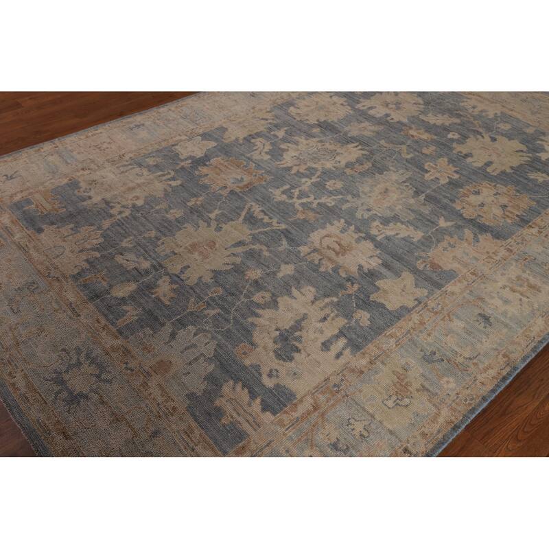 Vegetable Dye Blue Oushak Oriental Area Rug Hand-Knotted Wool Carpet - 6'2"x 8'9"