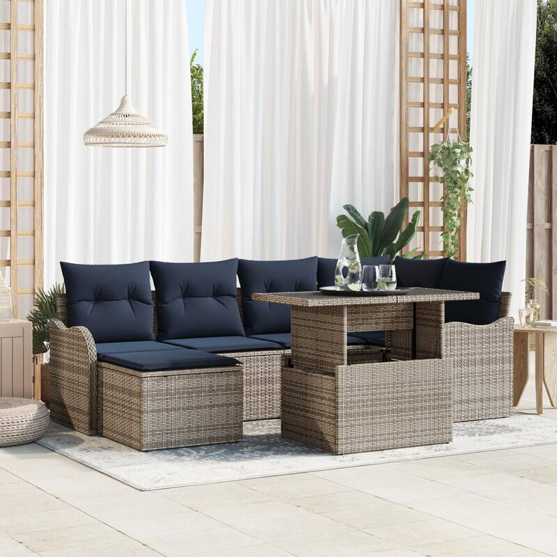vidaXL 7 Garden Sofa Set with Cushions Black/Brown/Grey Poly Rattan - 91.5 x 48.2 x 27.2 - Grey