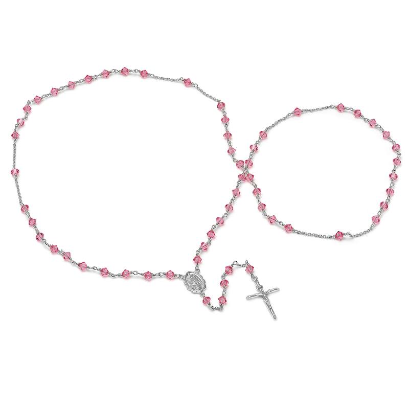 Roberto Martinez Platinum Plated Silver Rosary Necklace with Pink Austrian Crystals