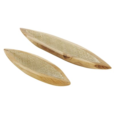 Teak Wood Boat Handmade Carved Living Room Decor Tray with Woven Palm Leaf Interior - Set of 2 Brown - Roche River Decor