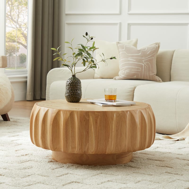 31.5" Round Coffee Table for Living Room, Solid Wood Carved Center Drum Coffee Table Circle End Side Table with Sturdy Base