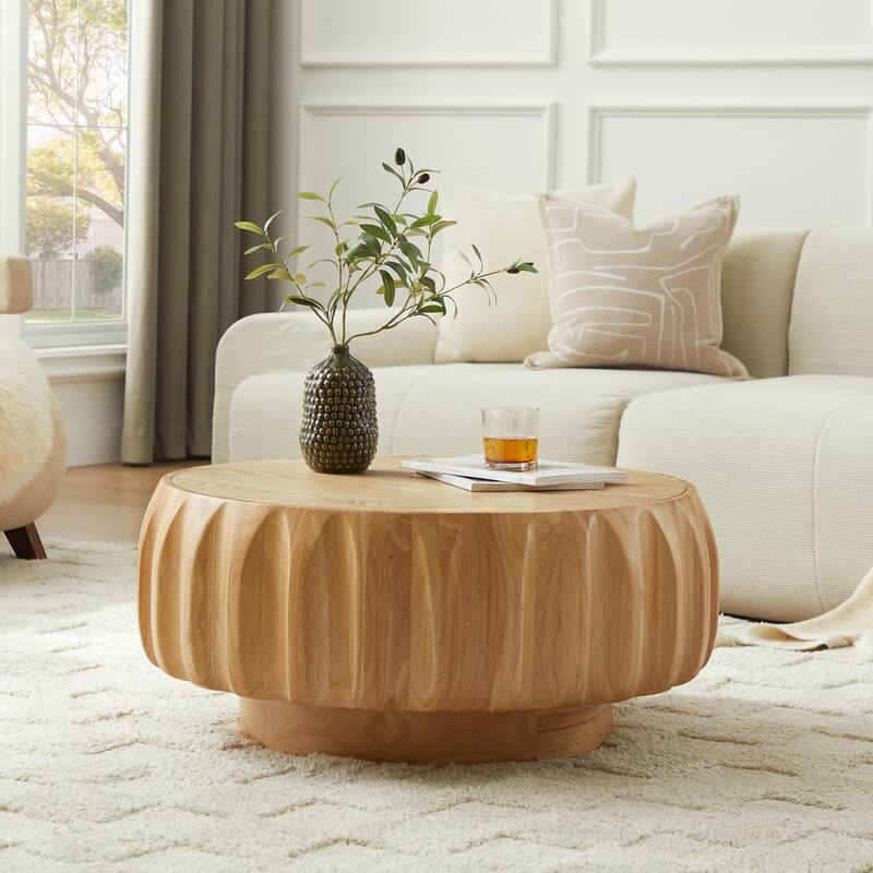 Round Coffee Table, Drum Coffee Table Contemporary Wood Round Coffee Table with Fluted Centry Table