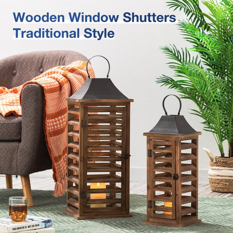 Glitzhome Set of 2 Modern Wooden Shutter Floor Candle Lanterns Fall Wedding Decor