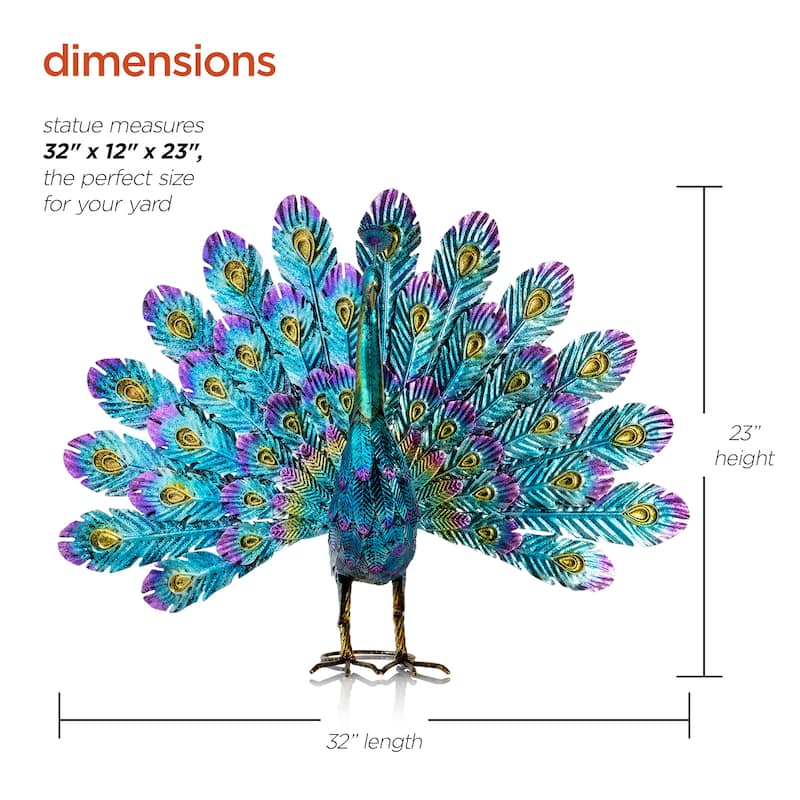 Alpine Corporation 23" Tall Outdoor Metallic Peacock Tail Spread Yard Statue Decoration, Multicolor