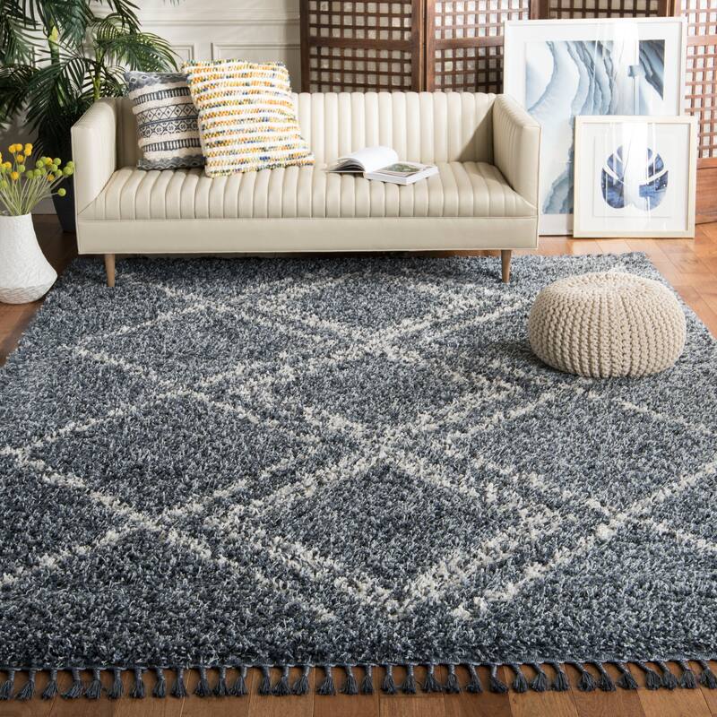 SAFAVIEH Pro Lux Shag Nazmije Moroccan Tassel 2.4-inch Thick - 9' x 12' - Blue/Cream - Runner/Rectangle