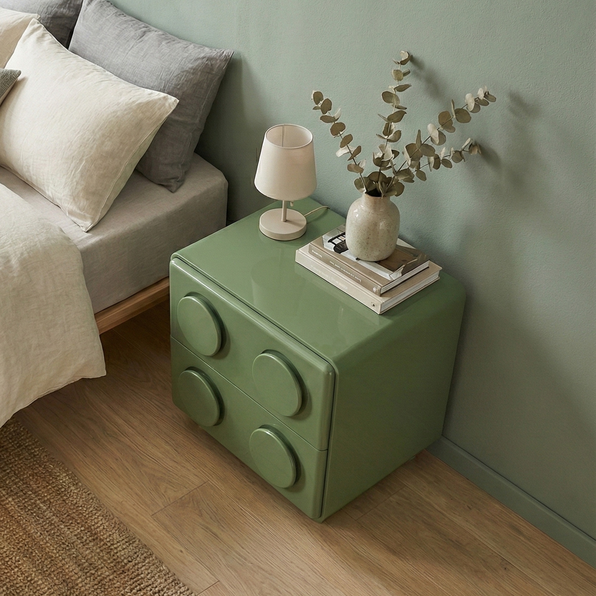 Modern MDF Nightstand with Fixed Round Handles and Two Drawers, Green Finish