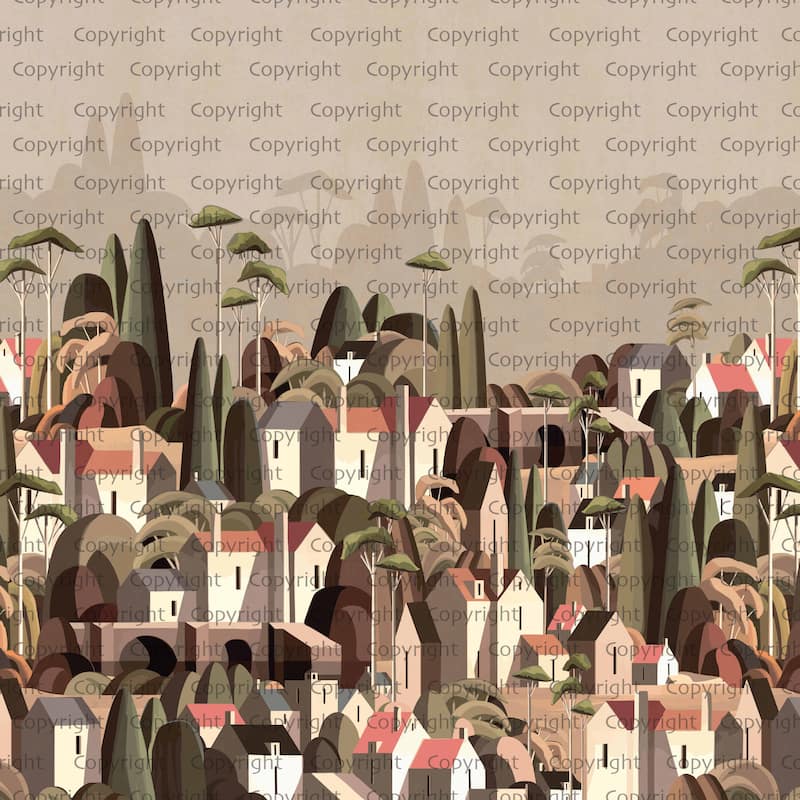 Moody Village Landscape Wallpaper Mural - Brown - W:225" x H:118"
