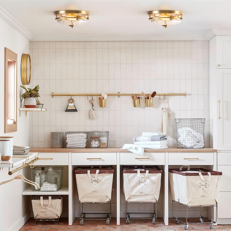 2-Light Industrial Farmhouse Ceiling Light Dome Clear Water Rippled Glass Flush Mount Light - 12.9 in. W x 5.5 in. H