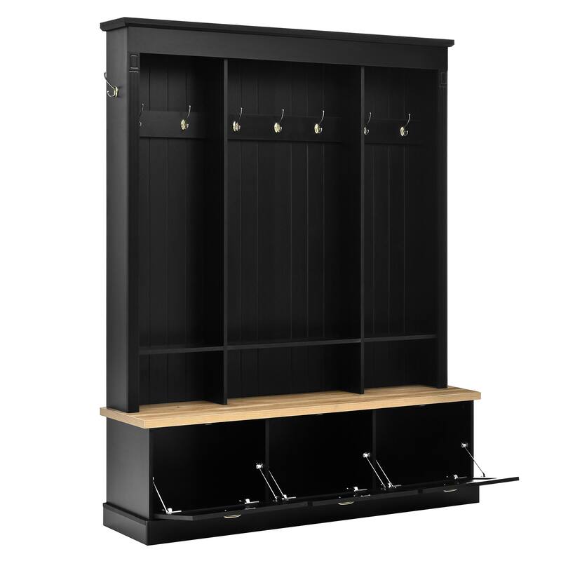 APP Controlled LED Hall Tree with Storage Bench - Farmhouse Entryway Bench with 9 Hooks, 3 Cabinets & Shelves for Mudroom