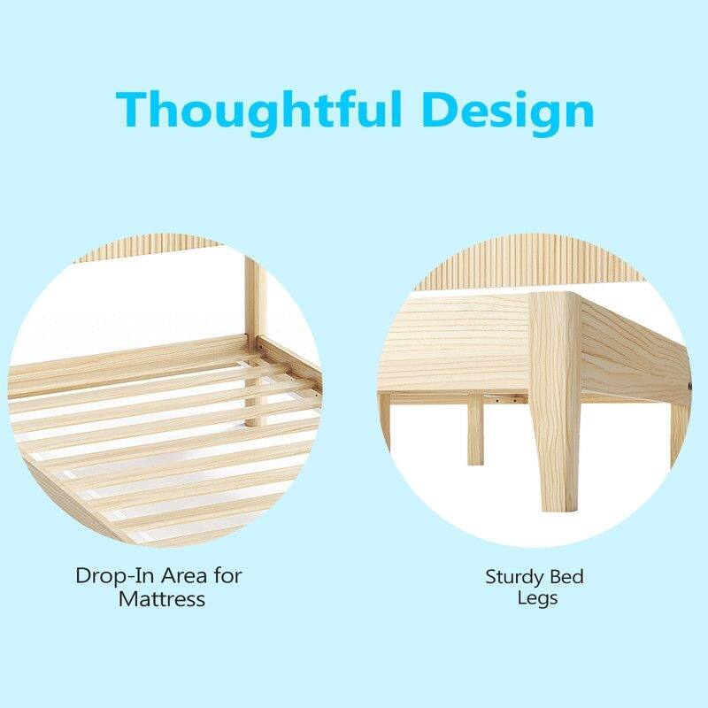 Solid Wood Twin Bed Frame Platform Bedframe with Headboard Grille Style