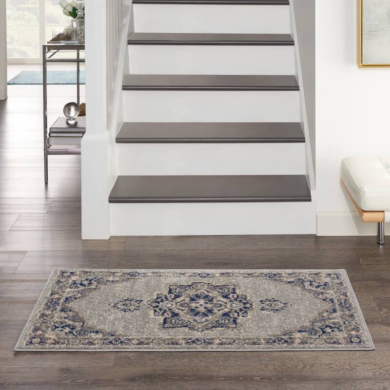 Nourison Tranquil Grey Navy Modern Persian Floral Medallion Area Rug - 2' x 4' - Grey/Navy - Runner/Rectangle