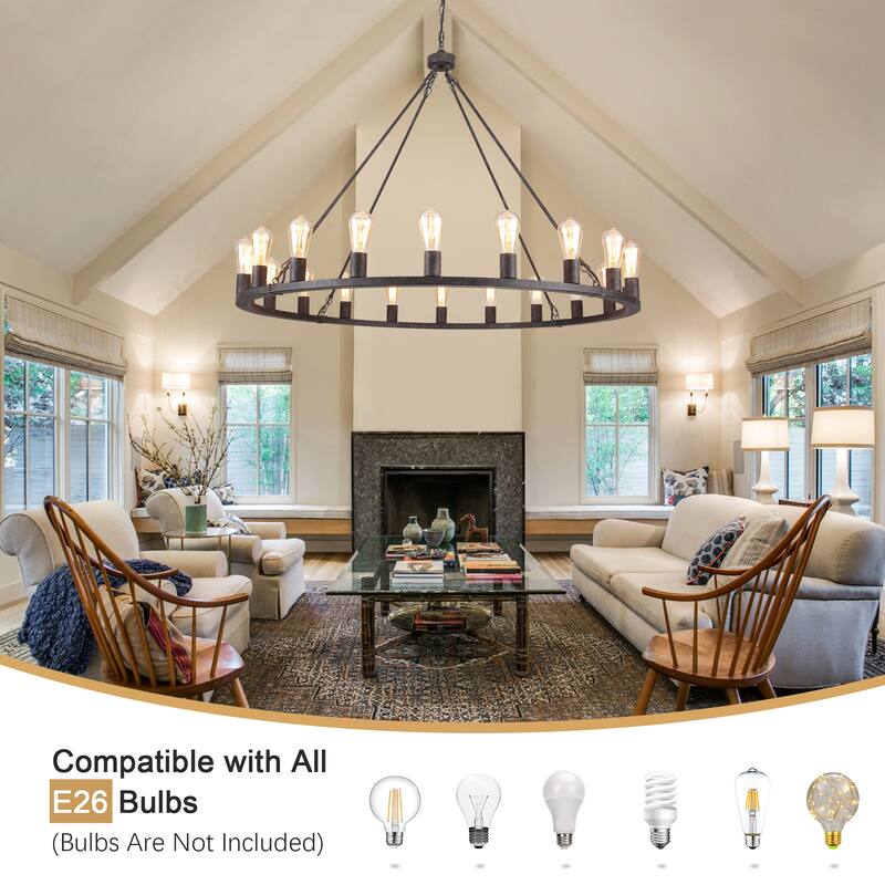 20 - Light Farmhouse Metal Round Industrial Chandelier for Dining Room Entryway Kitchen Island - N/A
