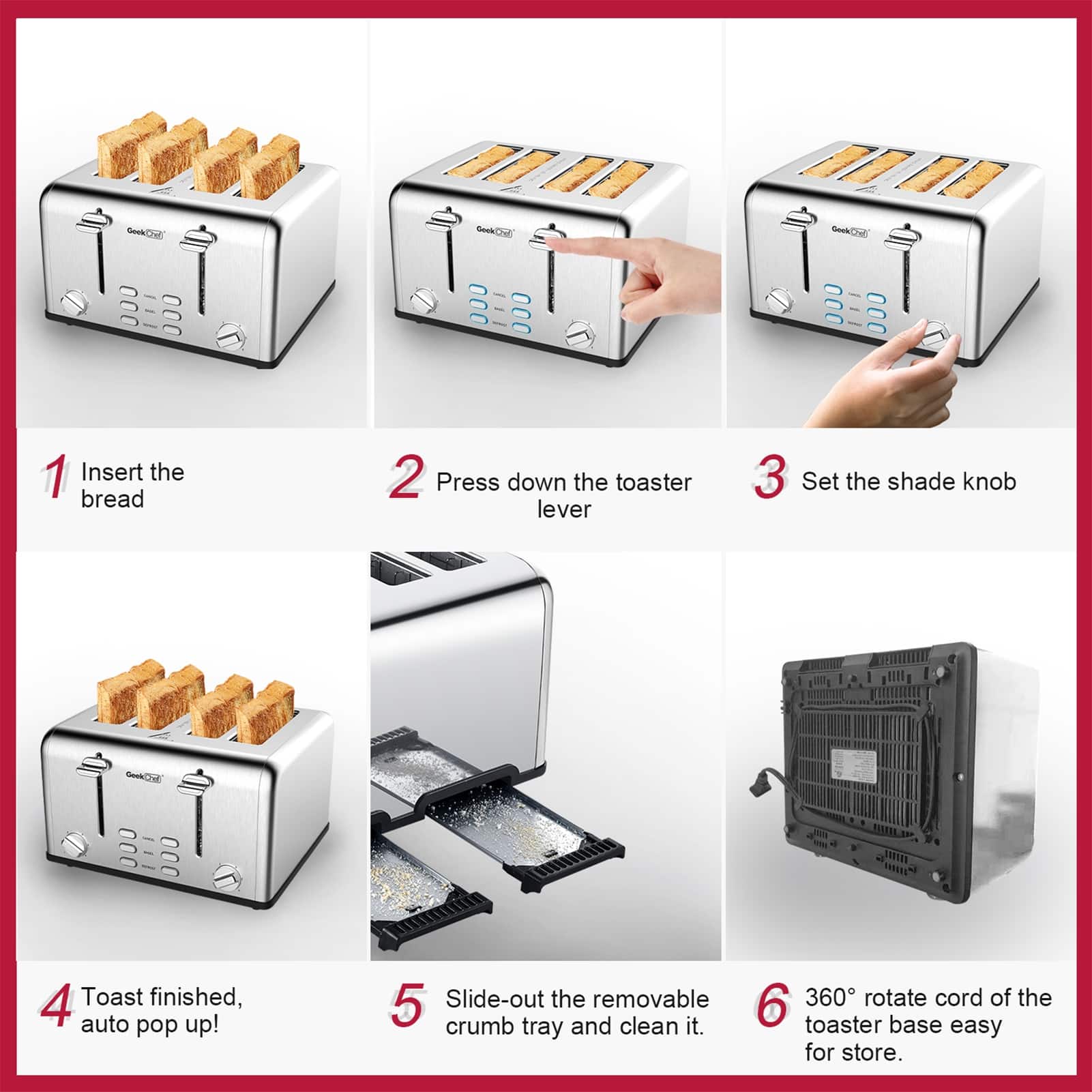 Faster and Efficient Toaster 4 Slice,Removable Crumb Trays Bed Bath