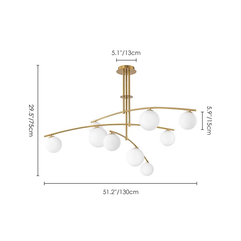 Modern Brass Sputnik Linear Opal Frosted Glass Globe Semi-Flush Mount Light