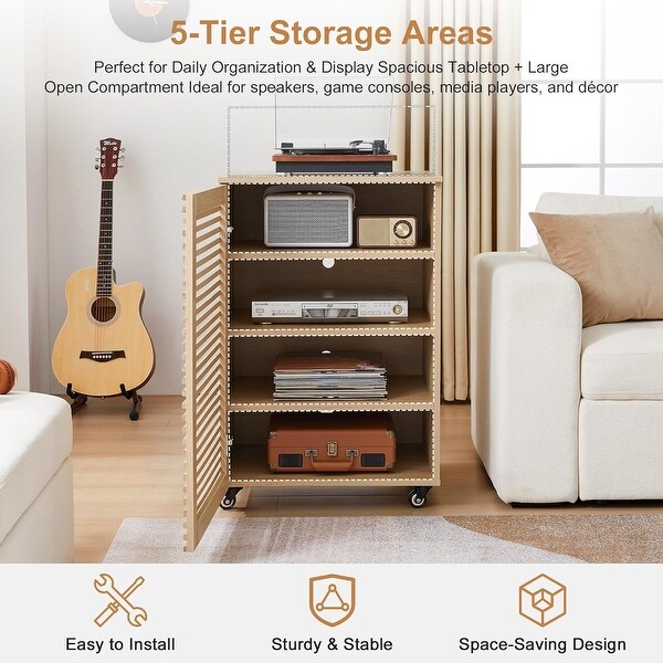 5-Tier Media Cabinet with Grille Door, Adjustable Shelves & Wheels